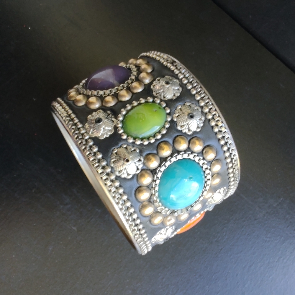 Wide Statement Bangle Bracelet - Silver & Multico… - image 5